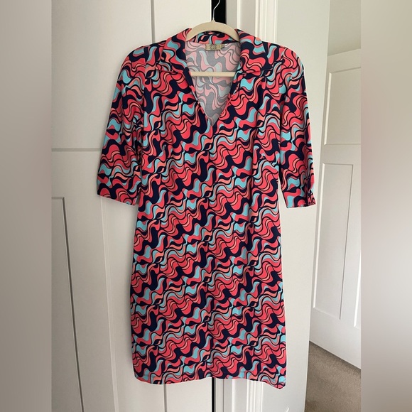 Katharine Way Dress Red Shift Geo Print half sleeve v neck - Picture 1 of 4